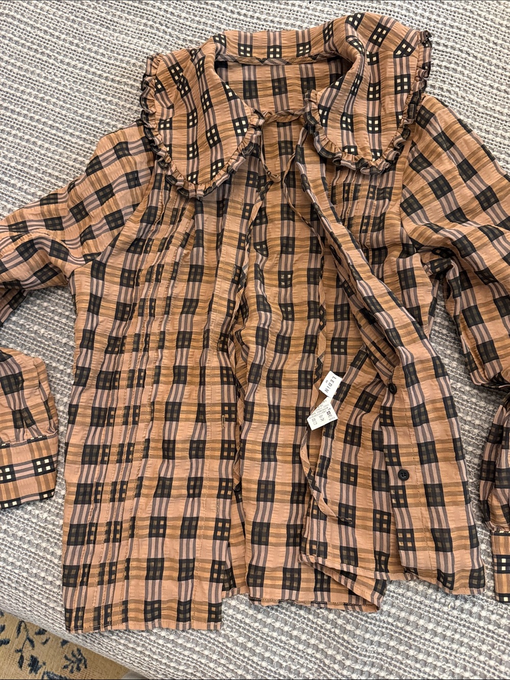 LEDiN Ruffled Peter Pan Collar Plaid Button-Up Blouse - Tan & Black
